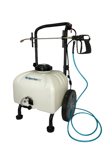Electric sprayer on wheels. 9 gallon with two tips. Sprayer for carpet cleaning, landscaping, concrete, coil cleaning, automotive.