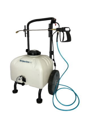 Electric sprayer on wheels. 9 gallon with two tips. Sprayer for carpet cleaning, landscaping, concrete, coil cleaning, automotive.